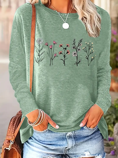 

Women's Long Sleeve Tee T-shirt Spring/Fall Floral Printing Crew Neck Casual Top, Green, T-Shirts