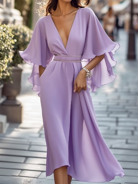 Elegant Plain Bell Sleeve V Neck Midi Dress, Purple, Midi Dresses