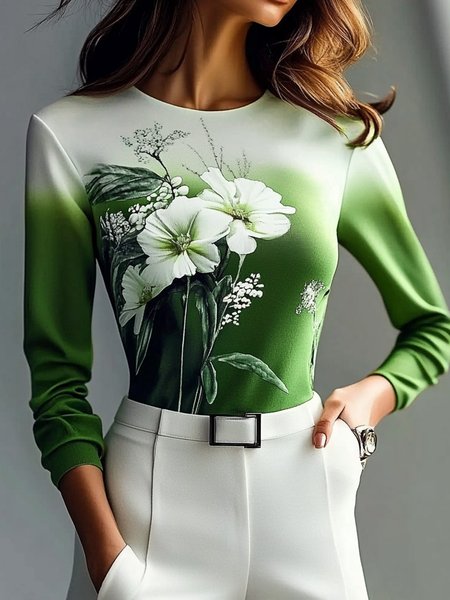 

Casual Floral Printing Crew Neck T-shirt, White-green, Tees