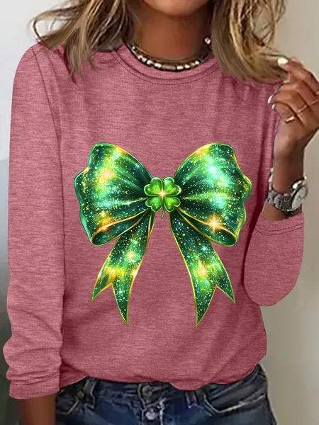 

St. Patrick's Day Bow Shamrock Casual Long Sleeve Shirt, Watermelon, Long sleeves