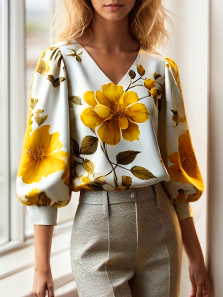 

Elegant Floral Printing Balloon Sleeve Blouse, Yellow, Blouses and Shirts