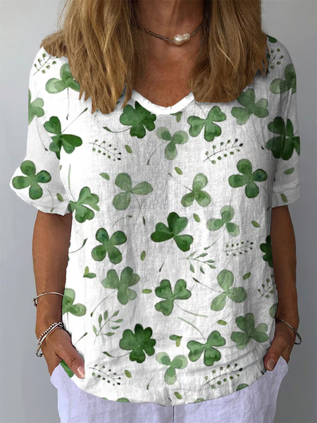 

Women's Four-leaf Clover Short Sleeve Blouse_ Summer Crew Neck Daily Casual Top, White, Shirts