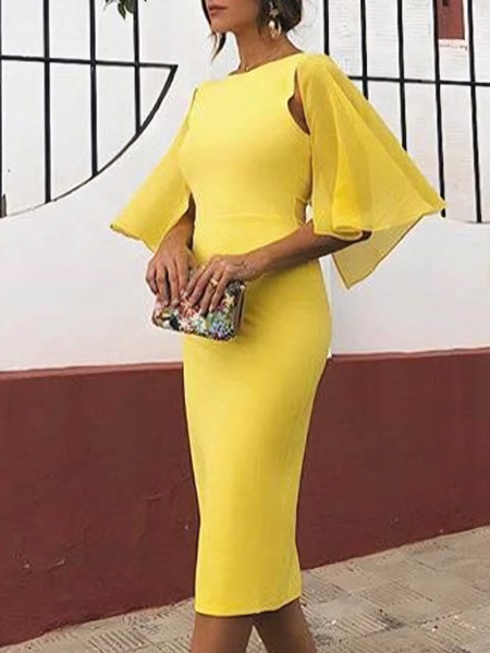 

Urban Plain Bell Sleeve Split Joint Midi Dress, Yellow, Midi Dresses