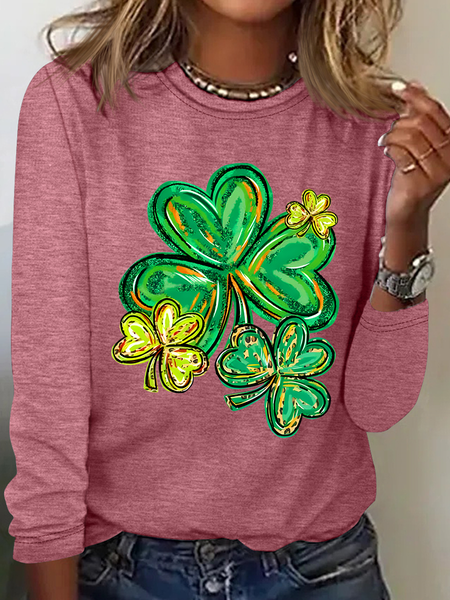 

St Patrick's Day Clover Print Casual Long Sleeve Shirt, Watermelon, Long sleeves