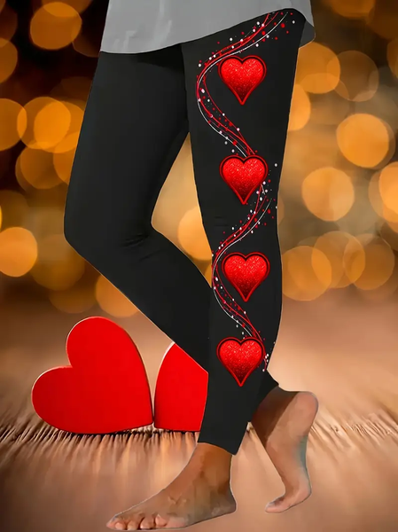 

Valentine's Day Casual Heart/Cordate Printing Long Leggings, Red, Leggings