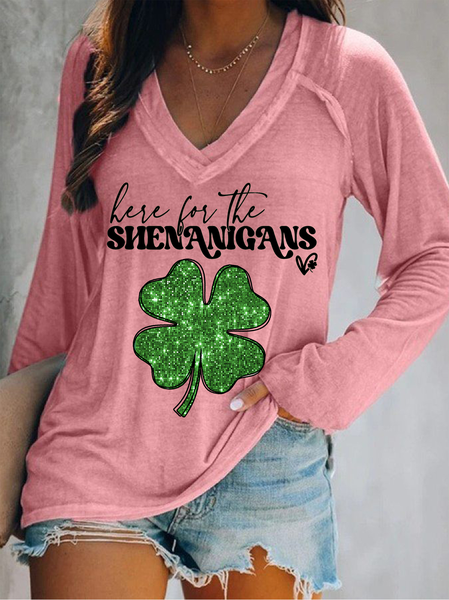 

Cotton V Neck Four-Leaf Clover Casual T-Shirt, Pink, Long sleeves