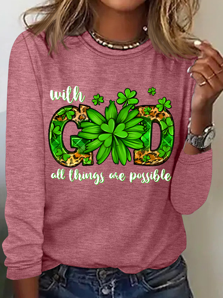 

St. Patrick's Day With God All Things Are Possible Casual Long Sleeve Shirt, Watermelon, Long sleeves