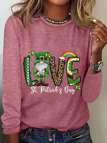 

St. Patrick's Day Crew Neck Long Sleeve Text Letters Regular Medium Elasticity Loose Blouse For Women, Watermelon, T-shirts