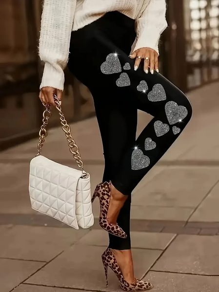 Casual Valentine's Day Heart/Cordate Printing Long Leggings, Black, Leggings