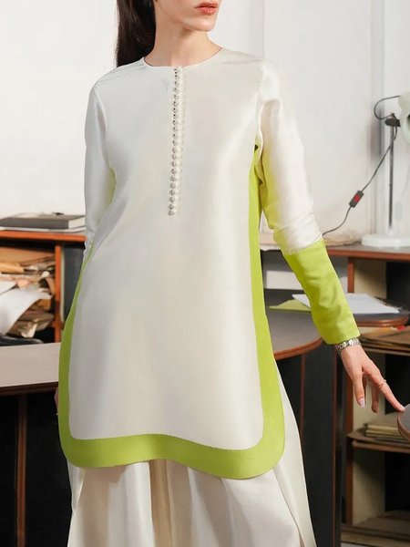 

Urban Color Block Buttoned Crew Neck Blouse, White, Blouses and Shirts