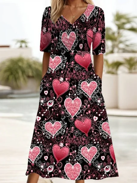 

Women's Valentine's Day Love Heart Print Short Sleeve Midi Dress, Red, Dresses