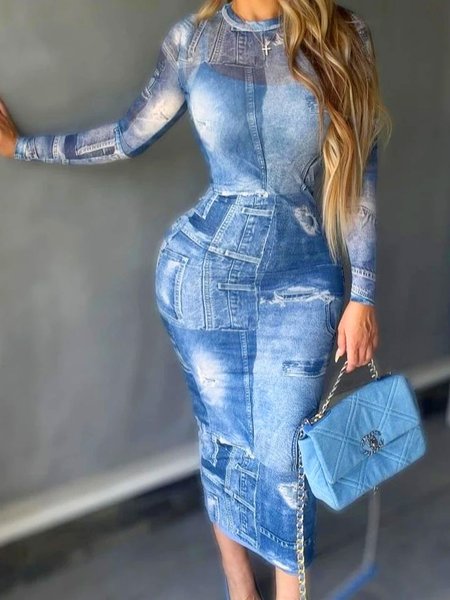 Urban Denim Print Graphic Printing Crew Neck Midi Dress, Blue, Maxi Dresses