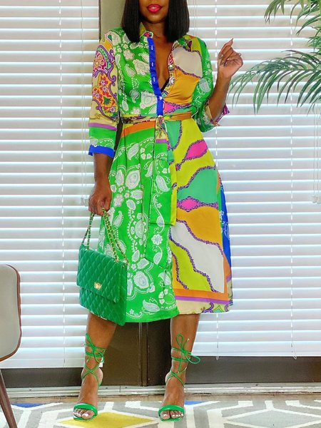 

Casual Random Knee Length Shirt Dress With Belt, Green, Midi Dresses