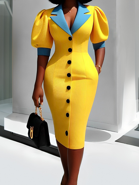 

Elegant Color Block Midi Dress, Yellow, Midi Dresses