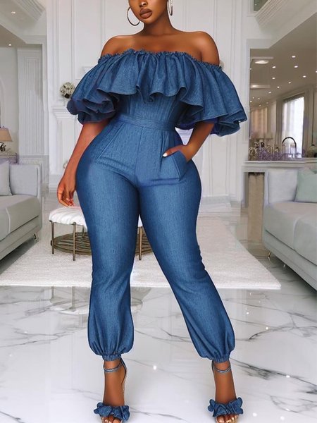 

Plain Urban Faux Denim Bib Pants, Blue, Jumpsuits