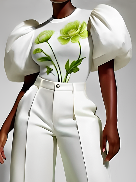 Elegant Floral Printing Crew Neck Puff Sleeve Blouse, White, Blouses and Shirts