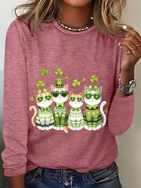 

St. Patrick’S Day Cats Casual Long Sleeve Shirt, Watermelon, Long sleeves