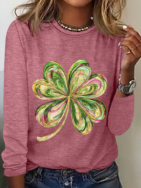 

St. Patrick's Day Four Leaf Clover Casual Long Sleeve Shirt, Watermelon, Long sleeves