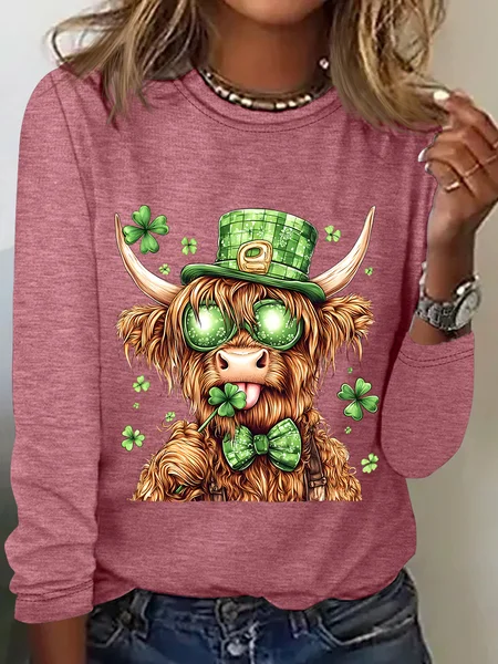 

Highland Cow St. Patrick's Day Casual Long Sleeve Shirt, Watermelon, Long sleeves