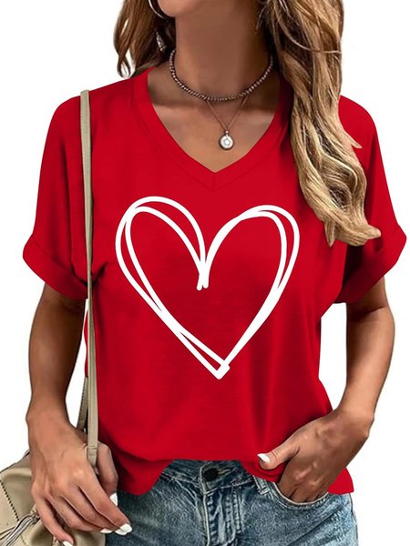 Casual Geometric V Neck Short Sleeve T-shirt, Red, T-shirts