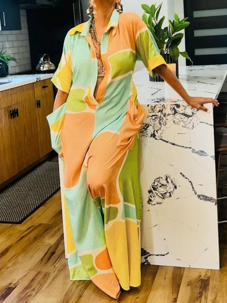

Casual Printing Colorblock Shawl Collar Shirt Jumpsuit, As picture, Jumpsuits