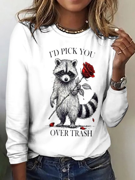 

Vintage Cute Raccoon Crew Neck Long Sleeve T-shirt, White, T-shirts