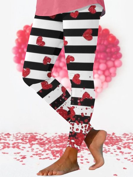 Casual Striped Long Leggings, White, Leggings