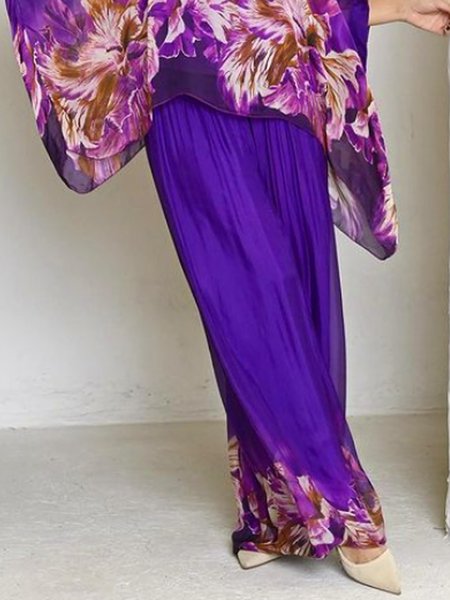 Vacation Floral Baggy Pants, Purple, Pants
