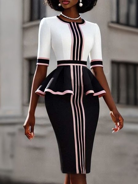 

Urban Color Block Printing Crew Neck Knee Length Dress, As picture, Midi Dresses