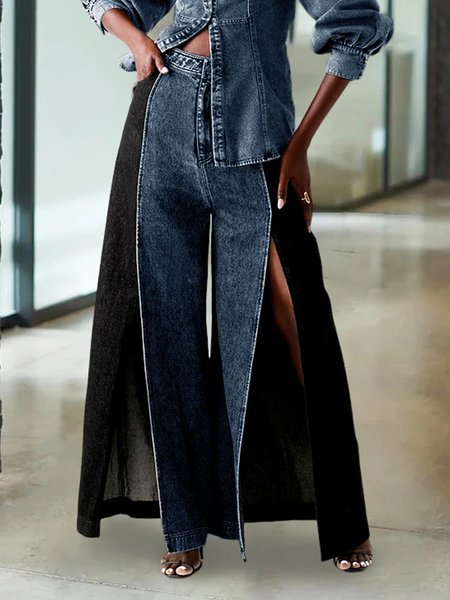 Denim Color Block Casual Jeans, Denim blue, Jeans