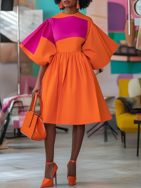 Elegant Color Block Bell Sleeve Crew Neck Dress, Orange, Midi Dresses