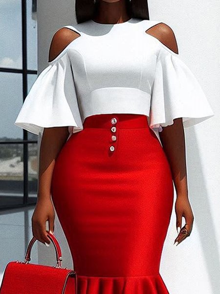 

Urban Plain Crew Neck Off Shoulder Sleeve Blouse, White, Blouses and Shirts