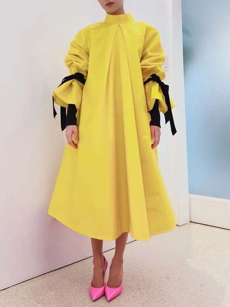 

Casual Color Block Puff Sleeve Stand Collar Maxi Dress, Yellow, Maxi Dresses