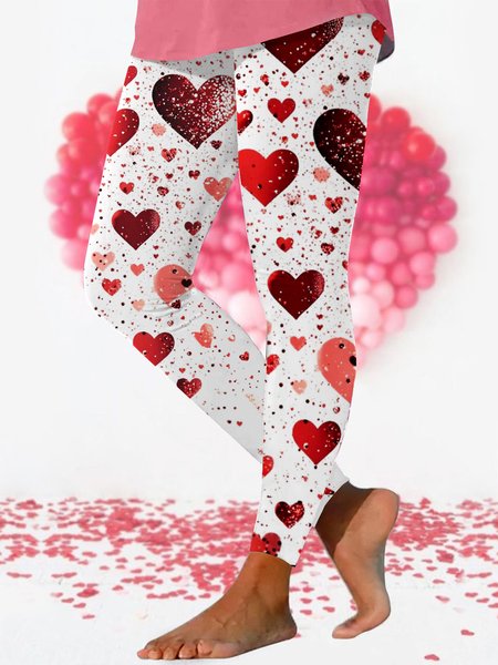 

Casual Valentine's Day Heart Pattern Long Leggings, White, Leggings