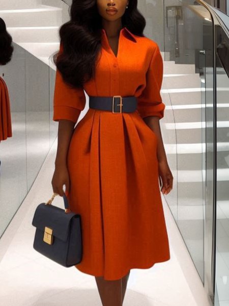 Urban Plain Shirt Collar Midi Dress No Belt, Orange, Midi Dresses