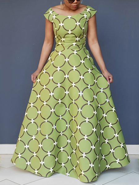 Elegant Polka Dots Printing Crew Neck Maxi Dress, Green, Maxi Dresses