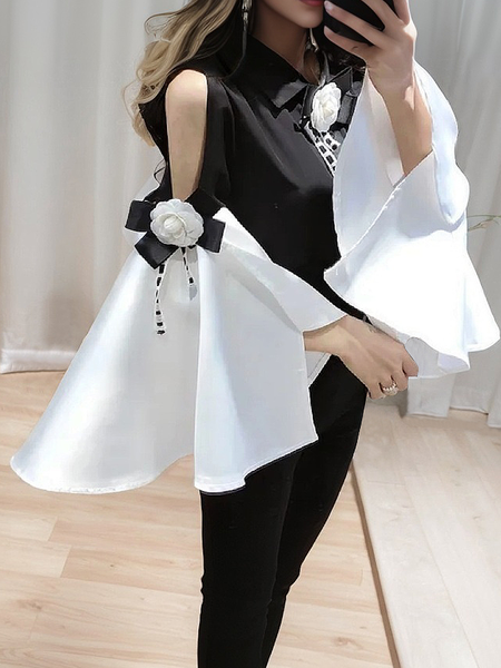 

Elegant Color Block 3D Floral Shirt, Black-white, Blouses and Shirts