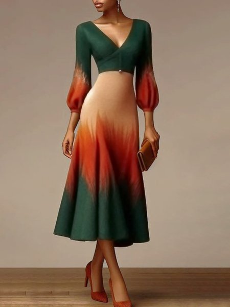 

Elegant Gradient Pattern Balloon Sleeve V Neck Maxi Dress, As picture, Maxi Dresses