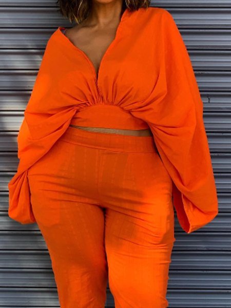 

Cotton And Linen Casual Plain Ruched V Neck Raglan Sleeve Blouse, Orange, Blouses and Shirts