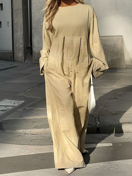 Casual Split Joint Plain Crew Neck Jumpsuit, Khaki, Jumpsuits