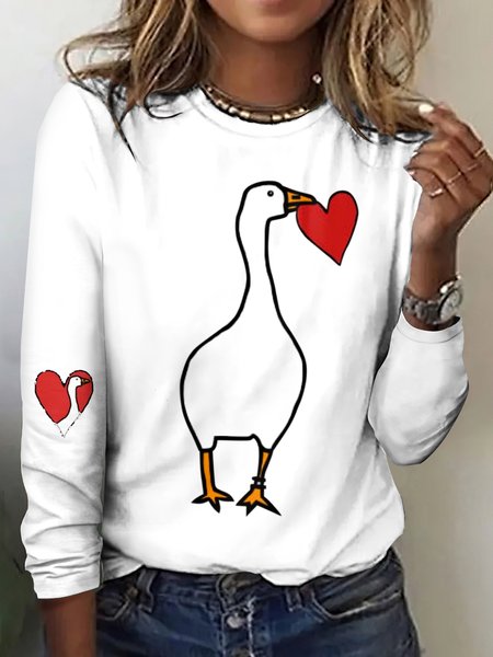 Casual Cute Goose Crew Neck Long Sleeve T-shirt, White, T-shirts