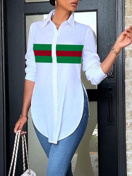 

Cotton Casual Color Block Split Joint Shirt, White, Blouses and Shirts