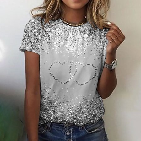

Vintage Valentine's Day Heart Sequin Pattern Crew Neck Short Sleeve T-shirt, Silver, T-shirts