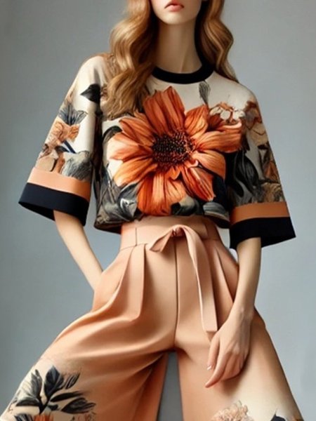 Casual Floral Crew Neck Half Sleeve T-shirt, As picture, Tees