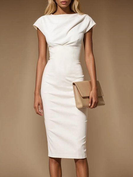 

Urban Plain Raglan Sleeve Crew Neck Knee Length Dress, White, Midi Dresses
