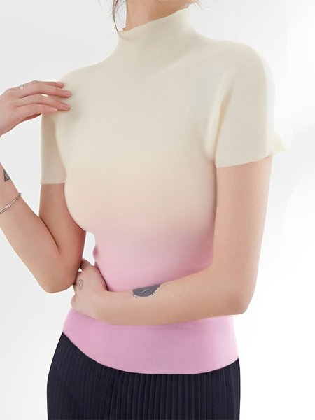 

Casual Gradient Pattern Printing Mock Neck T-shirt, Pink, Tees