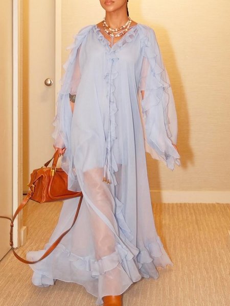 

Vacation Plain Ruffle Sleeve Peplum V Neck Maxi Dress, As picture, Maxi Dresses
