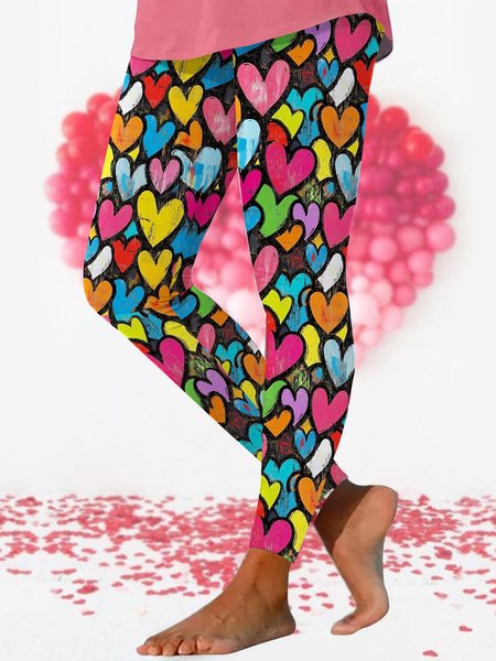 

Casual Valentine's Day Heart Pattern Long Leggings, Multicolor, Leggings