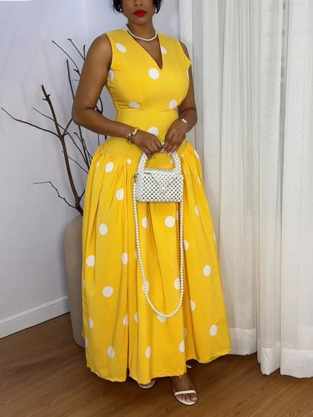 Elegant Polka Dots Sleeveless V Neck Maxi Dress, Yellow, Maxi Dresses