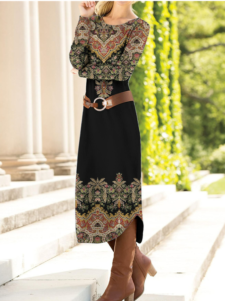 

Women's Long Sleeve Spring/Fall Ethnic Dress Crew Neck Daily Going Out Vintage Maxi T-Shirt Dress H-Line Dress, Black, Dresses